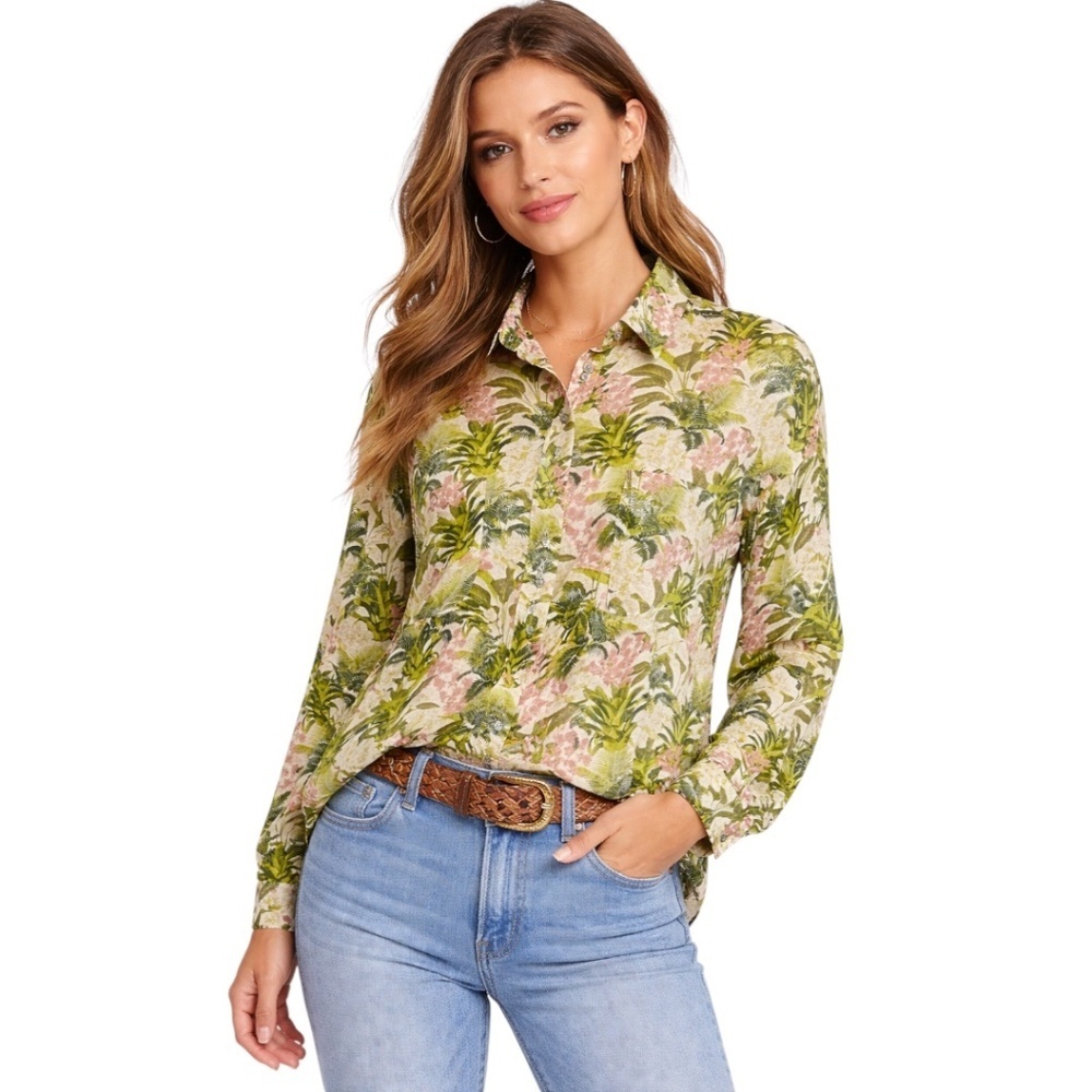 Cami NYC Belkis Shirt Crystal Embellished Buttons Linen Floral Tropical Top sz L